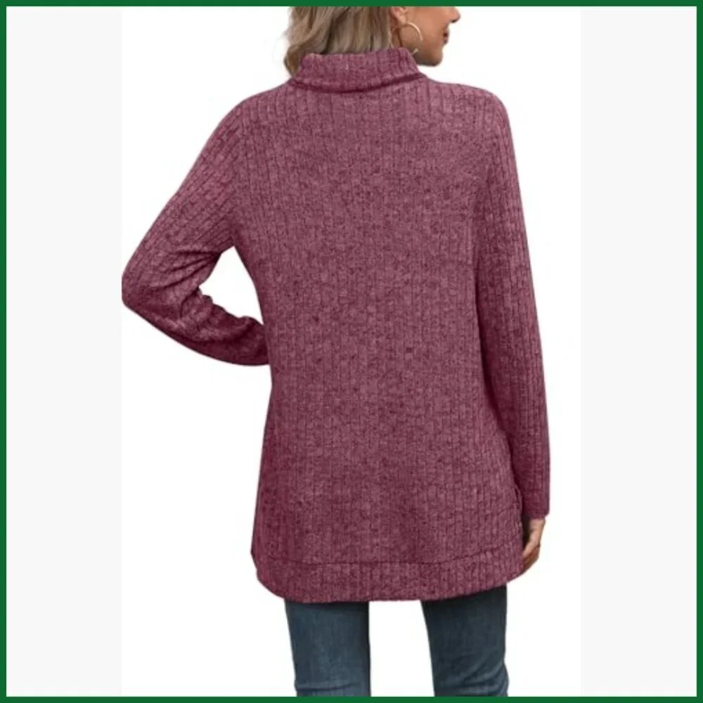 Oversized Turtleneck Tunic Top with Side Split High Low Hemline - Picture 4 of 7